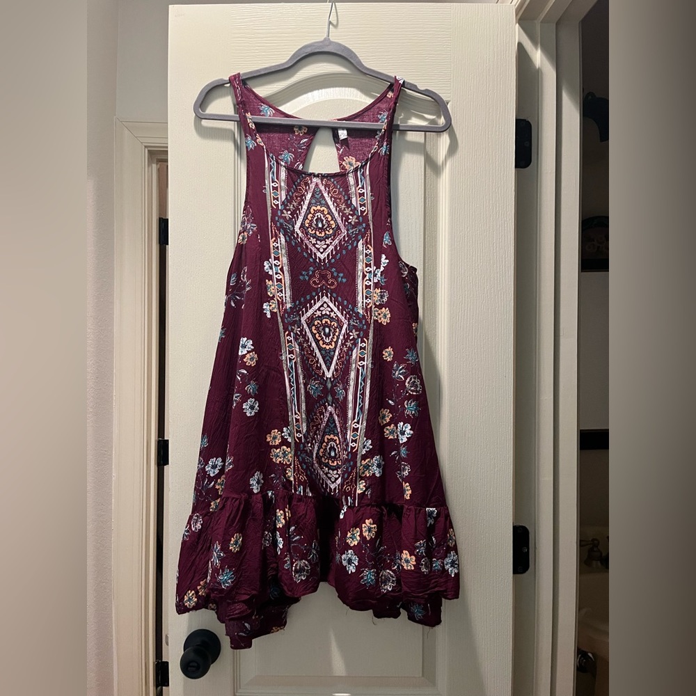Free People Burgundy Floral Mini Dress with Boho Print